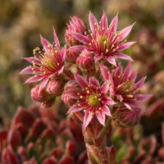 Joubarbe rouge cerise 'Cherries jubilee' (Sempervivum) — gros plan sur fleurs étoilées rose rouge · Photo d'illustration