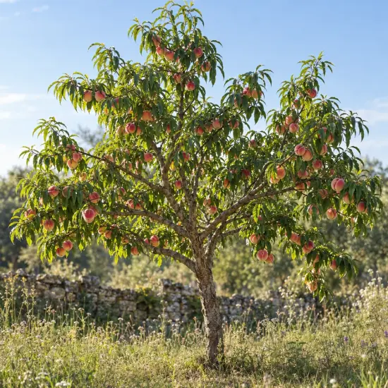 Pêcher 'Michelini' (Prunus persica) — arbre fruitier couvert de nombreux fruits mûrs