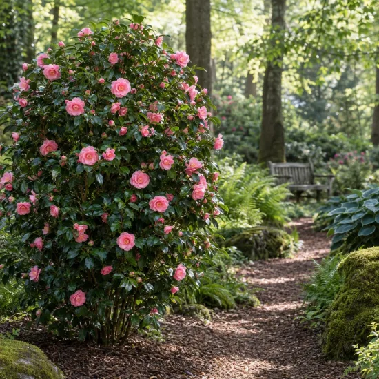 Camélia 'Debbie rose' (Camellia williamsii) — arbuste fleuri aux fleurs roses dans jardin boisé · Photo d'illustration