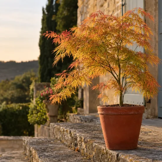 Erable du japon 'Koto-no-ito' (Acer palmatum) — petit érable décoratif en pot sur marches en pierre · Photo d'illustration