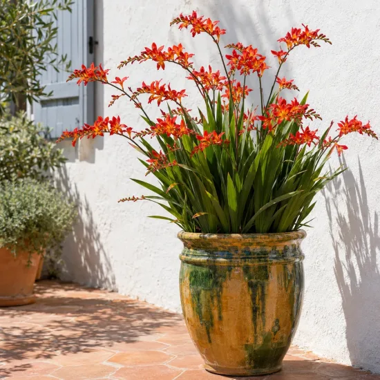 Montbretia emberglow 'Emberglow' (Croscosmia × crocosmiiflora) — touffe de fleurs orange et feuillage dressé en pot · Photo d'illustration