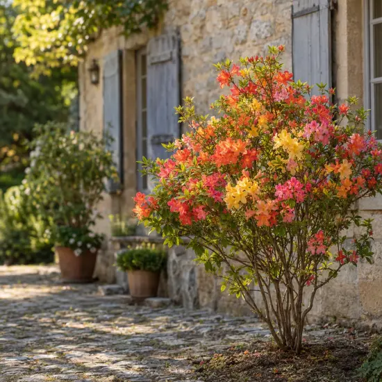 Azalée de chine (Azalea mollis) — buisson fleuri orange et rose devant maison