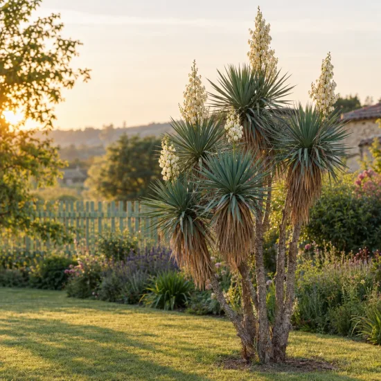 Yucca (Yucca periculosa) — grand arbuste graphique fleuri dans un jardin · Photo d'illustration