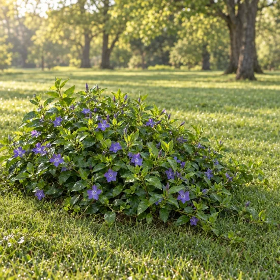 Grande pervenche (Vinca major) — touffe basse de fleurs violettes sur pelouse · Photo d'illustration