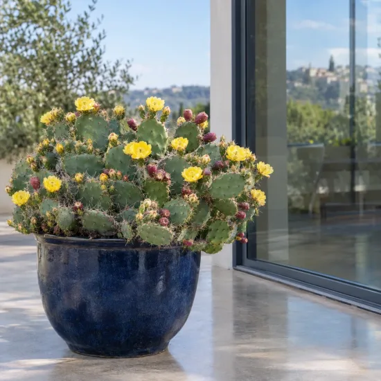 Cactée 'Kurt' (Opuntia) — cactus épineux en pot bleu sur terrasse · Photo d'illustration