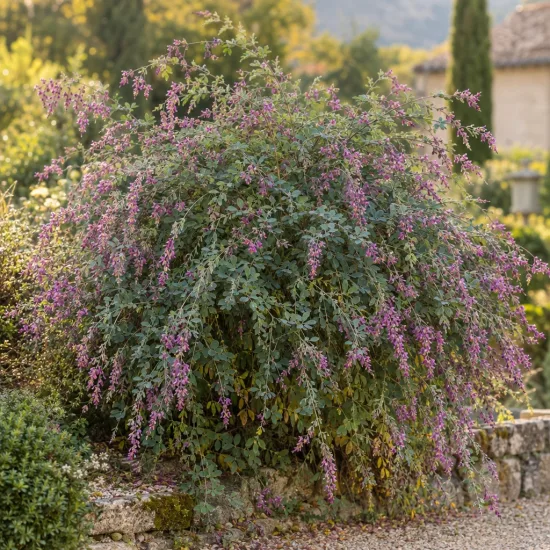 Trèfle-buisson de thunberg 'Desmodium pendulif' (Lespedeza thunbergii) — grand arbuste retombant couvert de fleurs mauves · Photo d'illustration