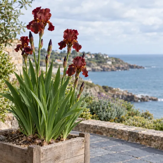 Iris d'allemagne 'Vitafire lie de vin' (Iris germanica) — grande touffe florale en bac bois devant la mer · Photo d'illustration