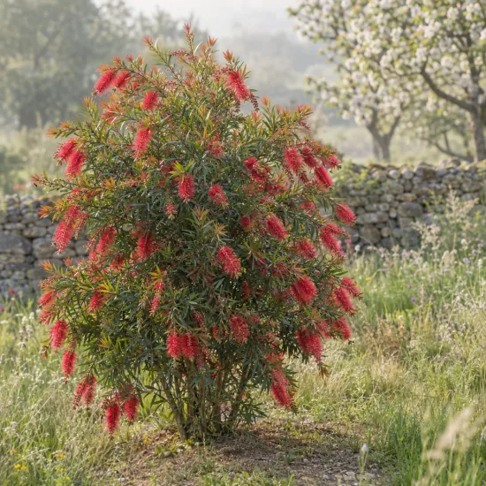 Rince bouteille 'Woodlander's hardy' (Callistemon rigidus) — arbuste fleuri aux longs épis rouges dressés · Photo d'illustration
