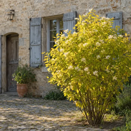 Cornouiller blanc 'Aurea' (Cornus alba) — arbuste lumineux près d’une maison en pierre · Photo d'illustration