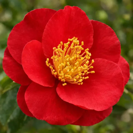 Camélia d'automne 'Yuletide rouge' (Camellia sasanqua) — fleur rouge ouverte avec nombreux étamines jaunes