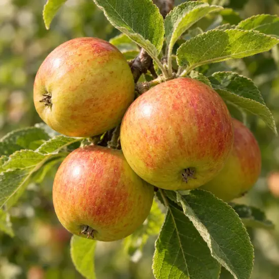 Pommier 'Cox's orange pippin' (Malus domestica) — gros plan de plusieurs pommes sur branche feuillue