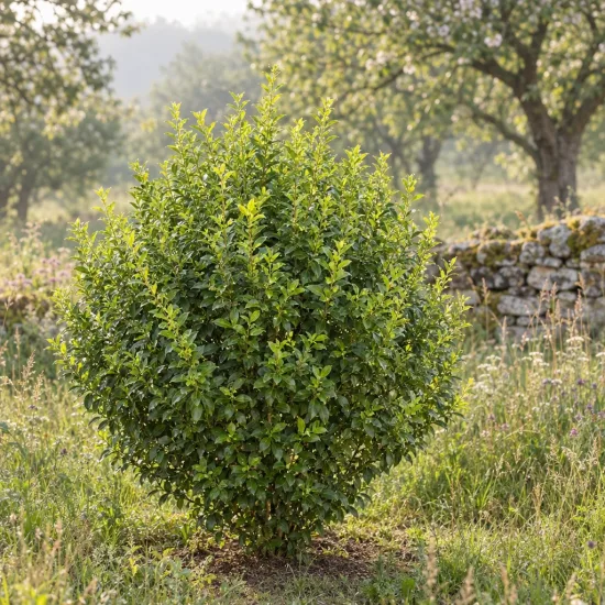 Troène de chine 'Eugene clive' (Ligustrum sinense) — arbuste dense et arrondi dans prairie · Photo d'illustration