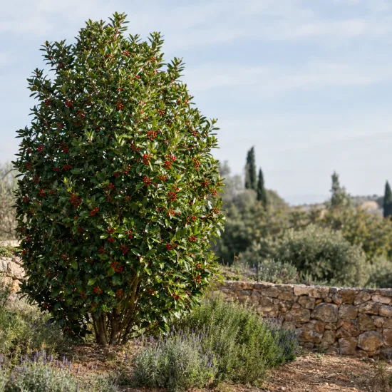 Houx à feuilles de chataigner (Ilex castaneifolia) — arbuste dense avec baies rouges près d’un muret · Photo d'illustration