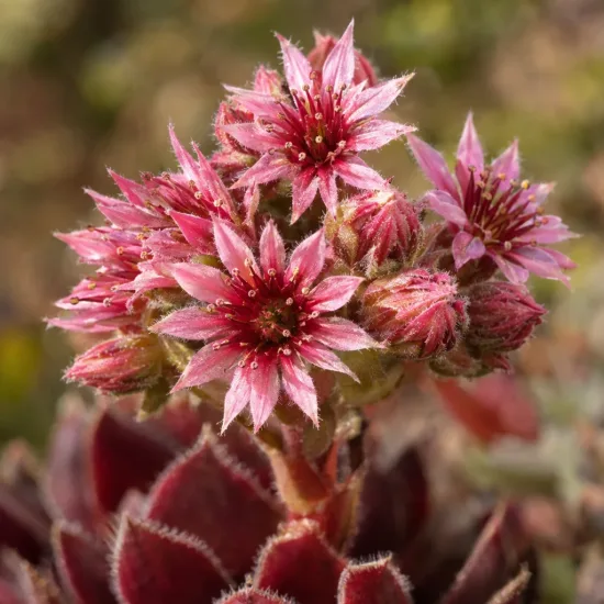 Joubarbe berry bomb 'Chick charms berry bomb' (Sempervivum) — gros plan sur inflorescence étoilée rose · Photo d'illustration
