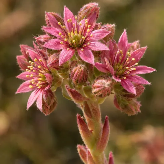 Joubarbe à rosette vert orangé 'Cinnamon starburst' (Sempervivum) — gros plan de fleurs étoilées roses duveteuses · Photo d'illustration