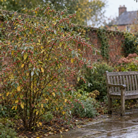 Chalef d'automne à baies rouges 'Sweet'n'sour' (Eleagnus umbellata) — arbuste à baies rouges près d'un banc · Photo d'illustration