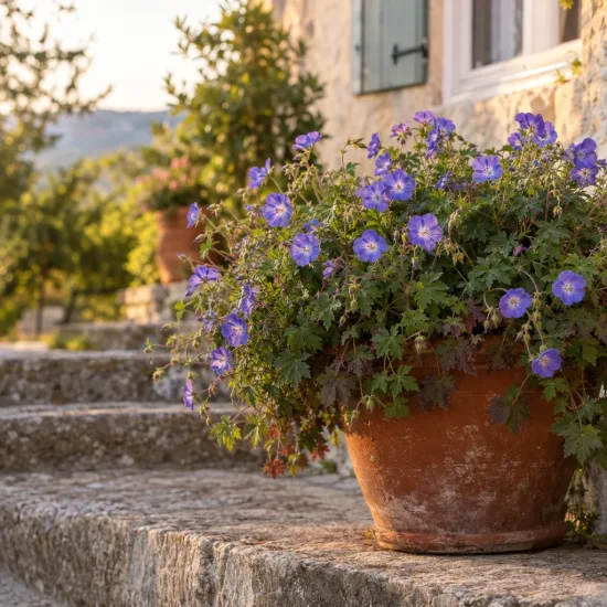Géranium bleue à coeur blanc 'rozanne' 'Gerwat' (Geranium) — touffe fleurie violette en pot sur des marches · Photo d'illustration