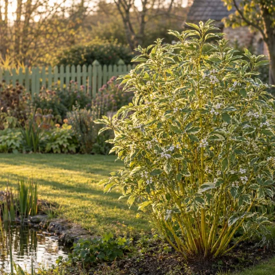 Cornouiller à bois jaune 'White and gold' (Cornus stolonifera) — grand arbuste lumineux près d'un bassin de jardin · Photo d'illustration