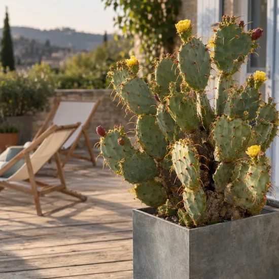 Cactée (Opuntia × curvispina) — cactus épineux fleuri dans grand bac sur terrasse · Photo d'illustration