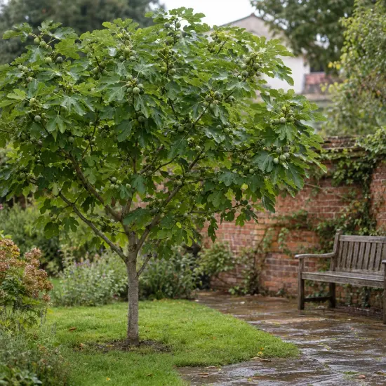 Figuier 'Sucrette' (Ficus carica) — arbre fruitier touffu près d’un banc de jardin