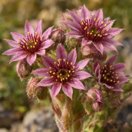 Joubarbe verte à pointe violacée 'Lusignan' (Sempervivum) — gros plan sur fleurs étoilées roses et boutons · Photo d'illustration