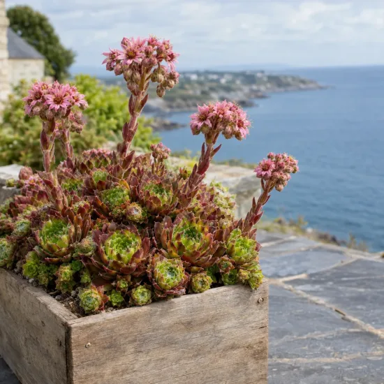 Joubarbe à rosette vert orangé 'Cinnamon starburst' (Sempervivum) — succulente en auge boisée fleurie sur terrasse côtière · Photo d'illustration
