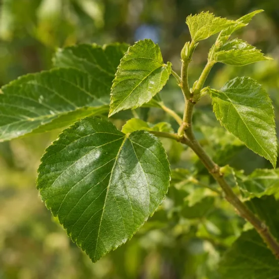 Mûrier blanc 'Milanówek' (Morus alba) — gros plan sur jeunes feuilles vertes luisantes · Photo d'illustration