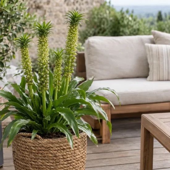 Plante ananas (Eucomis autumnalis) — plante à longs épis floraux sur terrasse aménagée · Photo d'illustration
