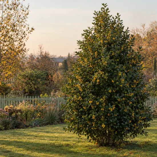Houx commun à fruit jaune 'Bacciflava' (Ilex aquifolium) — grand arbuste dense aux baies jaunes dans un jardin · Photo d'illustration