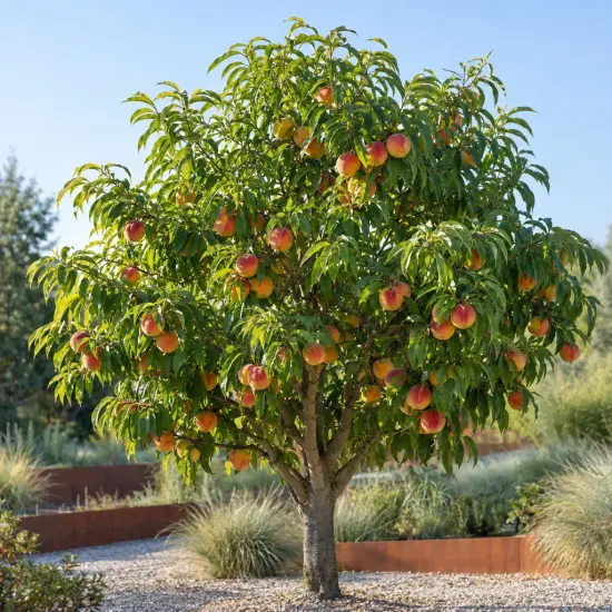 Pêcher 'Golden caesar minpechfor cov' (Prunus persica) — arbre fruitier chargé de gros fruits colorés