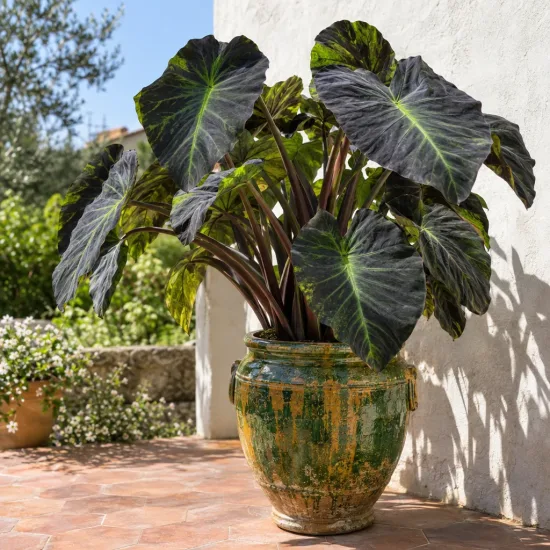 Oreille d'éléphant 'Illustris' (Colocasia esculenta) — grands feuillages sombres nervurés de vert dans un pot décoratif · Photo d'illustration