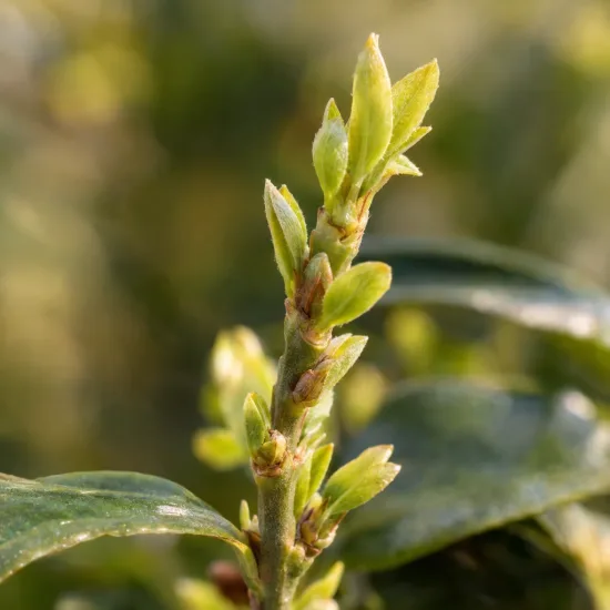 Houx crénelé 'O 'farrowsk6' (Ilex) — gros plan sur jeunes bourgeons feuillés · Photo d'illustration