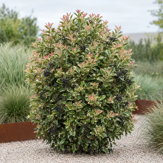 Troène 'Colombine' (Ligustrum japonicum) — arbuste arrondi panaché avec jeunes pousses rouges et baies noires