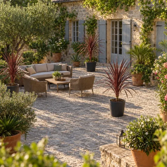 Cordyline 'Red comet' (Cordyline australis) — plantes graphiques en pot sur grande terrasse · Photo d'illustration