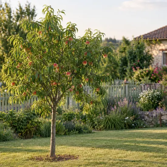 Pêcher 'Springtime' (Prunus persica) — arbre fruitier avec plusieurs fruits colorés au jardin