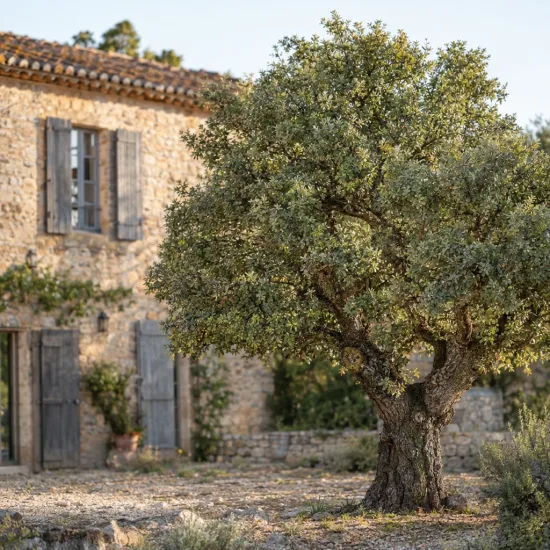 Chêne pubescent (Quercus pubescens) — grand arbre isolé devant maison en pierre · Photo d'illustration