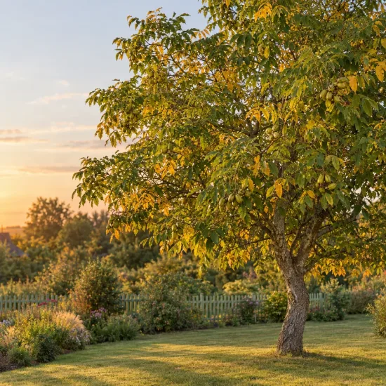 Noyer cendré (Juglans cinerea) — grand arbre isolé sur pelouse au coucher du soleil · Photo d'illustration