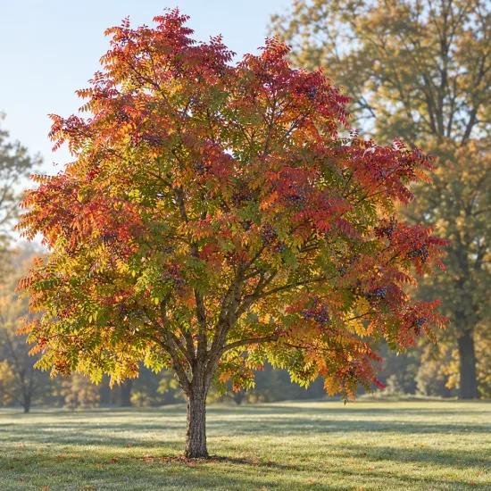 Pistachier de chine (Pistacia chinensis) — arbre isolé au feuillage automnal multicolore en parc · Photo d'illustration