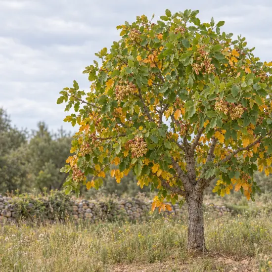Pistachier à fruits 'Kerman femelle' (Pistacia vera) — arbre isolé couvert de grappes de fruits