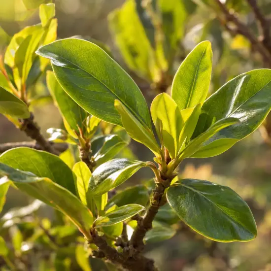 Magnolia 'Satisfaction' — gros plan de jeunes feuilles vertes brillantes