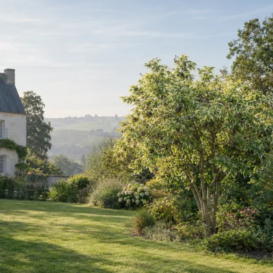Mûrier blanc 'Papers doll' (Morus alba) — arbre isolé dans grand jardin de campagne · Photo d'illustration