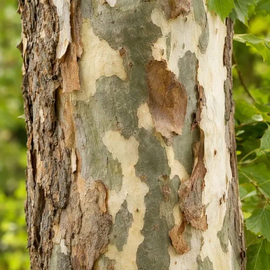 Platane à feuilles d'érable '(acerifolia)' (Platanus × hispanica) — gros plan sur écorce tachetée du tronc · Photo d'illustration