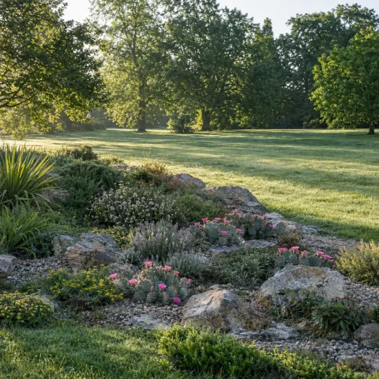 Cactée 'Hamburg' (Opuntia hystricina) — massif de rocaille fleuri dans grand jardin · Photo d'illustration