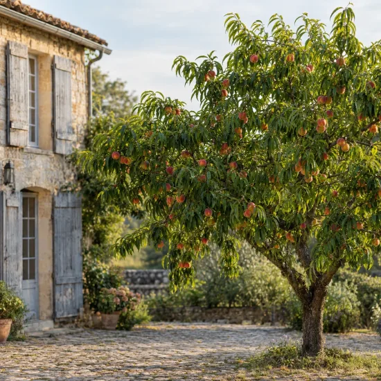 Pêcher franc 'Missour' (Prunus persica) — arbre fruitier chargé de fruits devant maison · Photo d'illustration