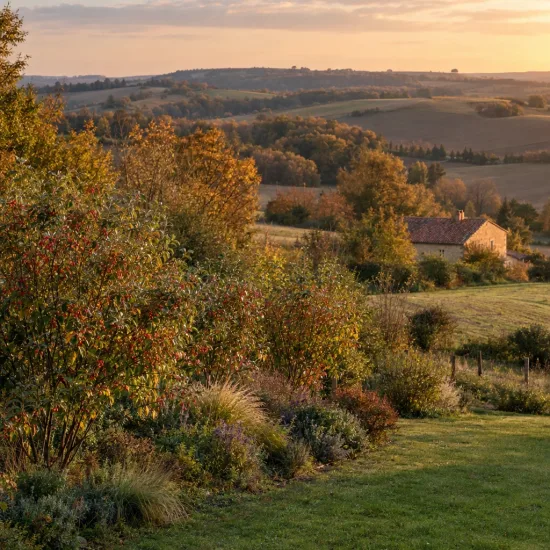 Chalef d'automne à baies rouges 'Sweet'n'sour' (Eleagnus umbellata) — massif arbustif coloré au bord d’un grand jardin · Photo d'illustration