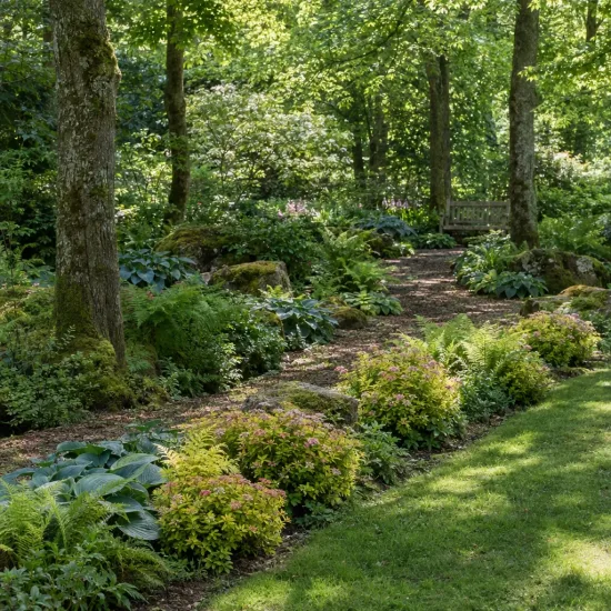 Spirée du japon 'Goldmound' (Spiraea japonica) — massif de petits arbustes bordant une allée · Photo d'illustration