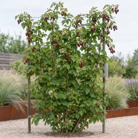 Mûre framboise 'Loganberry' (Rubus fruticosus) — grand roncier palissé portant grappes de fruits rouges · Photo d'illustration