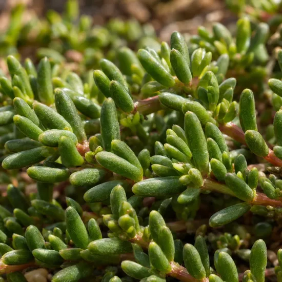 Pourpier vivace 'Of desert rosequartz' (Delosperma) — gros plan sur tiges rampantes aux feuilles charnues · Photo d'illustration