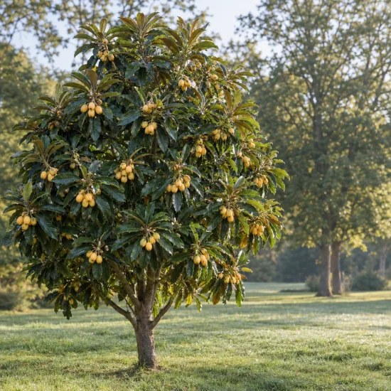 Néflier du japon 'Peluche' (Eriobotrya japonica) — petit arbre isolé chargé de fruits jaunes · Photo d'illustration