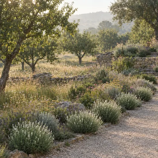 Lavande 'Edelweiss' (Lavandula angustifolia) — bordure d’arbustes fleuris le long d’une allée · Photo d'illustration
